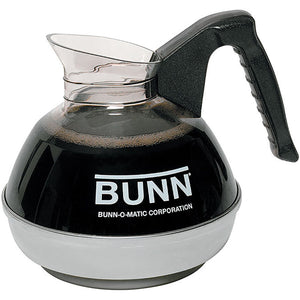 Bunn EASY POUR 64 oz. glass coffee carafe with black handle and stainless steel base, shown filled with coffee
