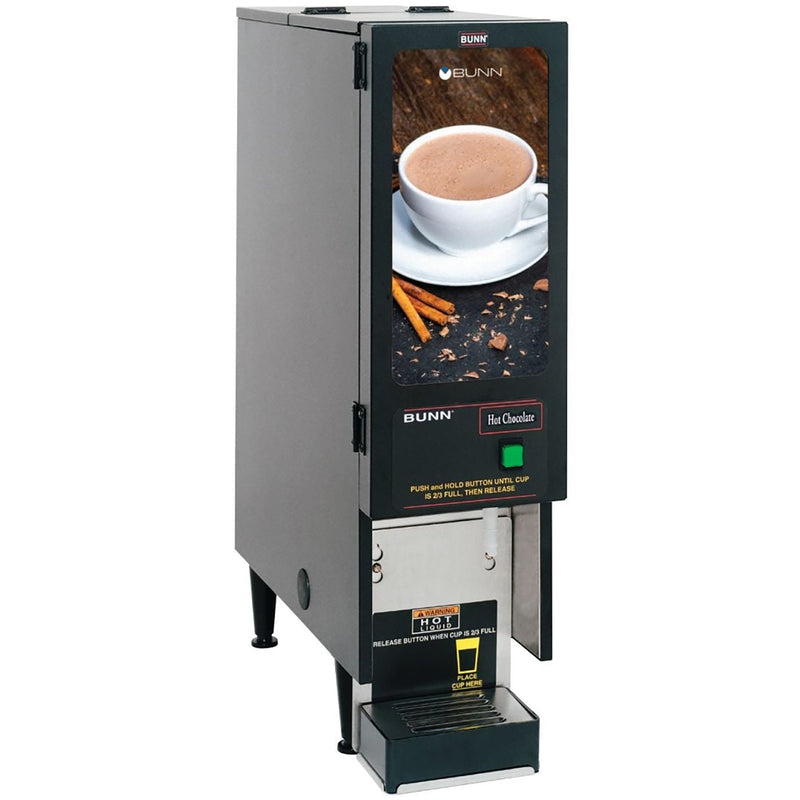 Bunn FMD-1 single flavour powdered hot drink dispenser with stainless body, hot chocolate door graphic and drip tray