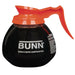 Bunn GLASS economy 64 oz. coffee carafe with orange handle and lid for decaf coffee, shown filled, side view