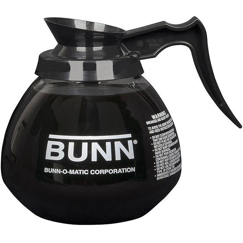 Bunn GLASS economy 64 oz. coffee carafe with black handle and lid for regular coffee, shown filled, side view