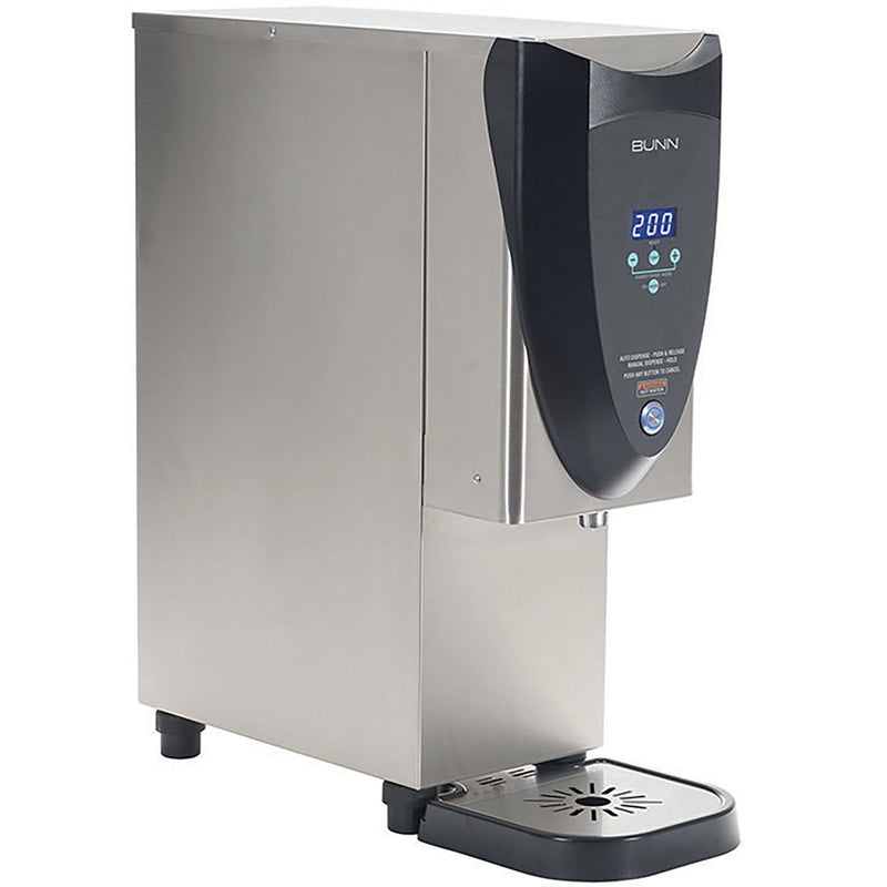 Bunn H3X stainless steel 3 gallon hot water dispenser with black digital display panel and drip tray, angled view