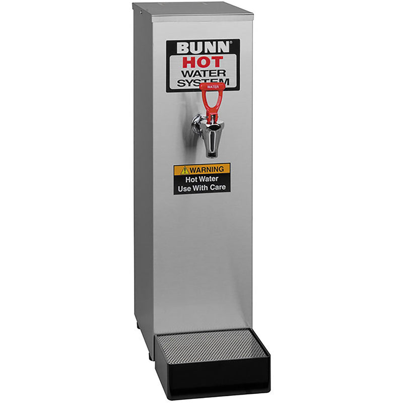 Bunn HW2 stainless steel 2 gallon hot water dispenser with faucet, red Hot Water System label and drip tray