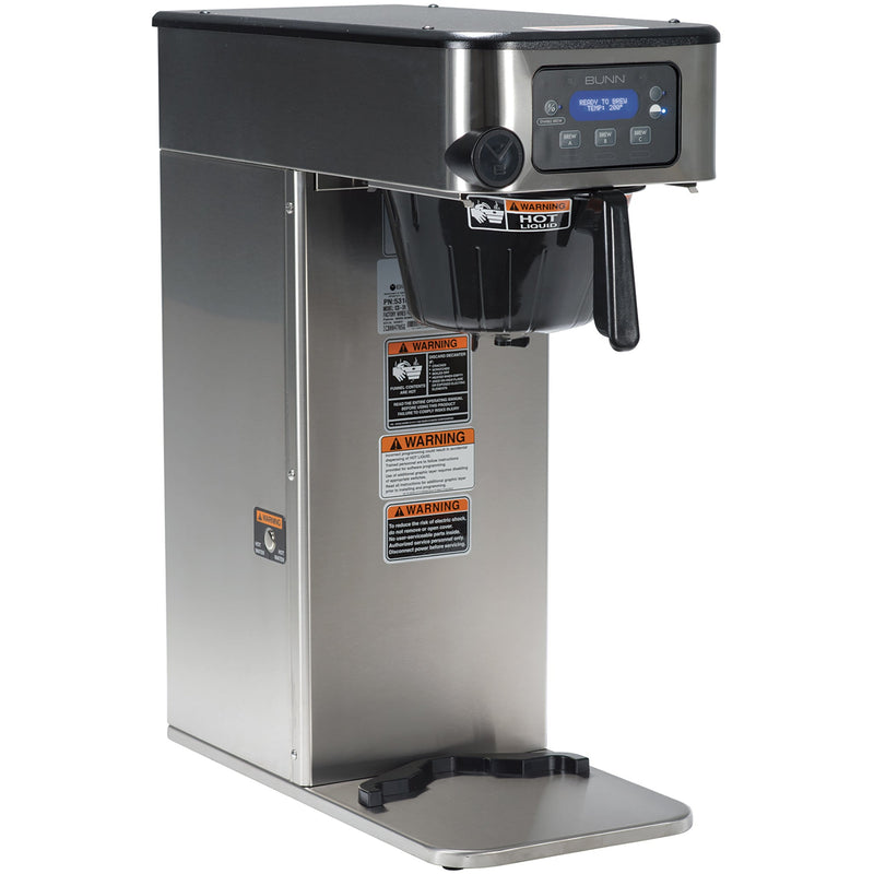 Bunn ICB-DV Infusion Series stainless steel coffee brewer with hot water tap and digital display, angled view