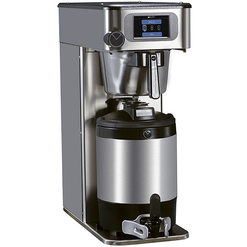 Bunn ICB-DV-PE Platinum Edition Infusion Series stainless steel coffee brewer with hot water tap and server, angled view
