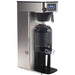 Bunn ICB-DV-TALL Infusion Series tall stainless steel coffee brewer with hot water tap and black server, angled view