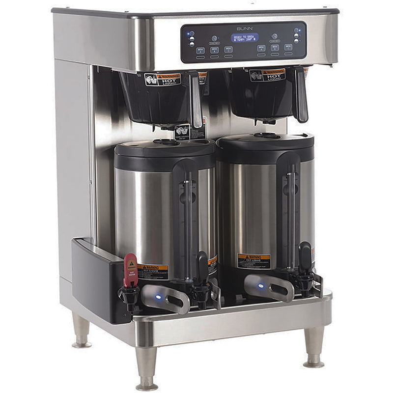 Bunn ICB-TWIN-SH Infusion Series twin soft heat stainless coffee brewer with two servers docked on the base, angled view
