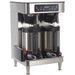 Bunn ICB-TWIN-SH Infusion Series twin soft heat stainless coffee brewer with two servers docked on the base, angled view