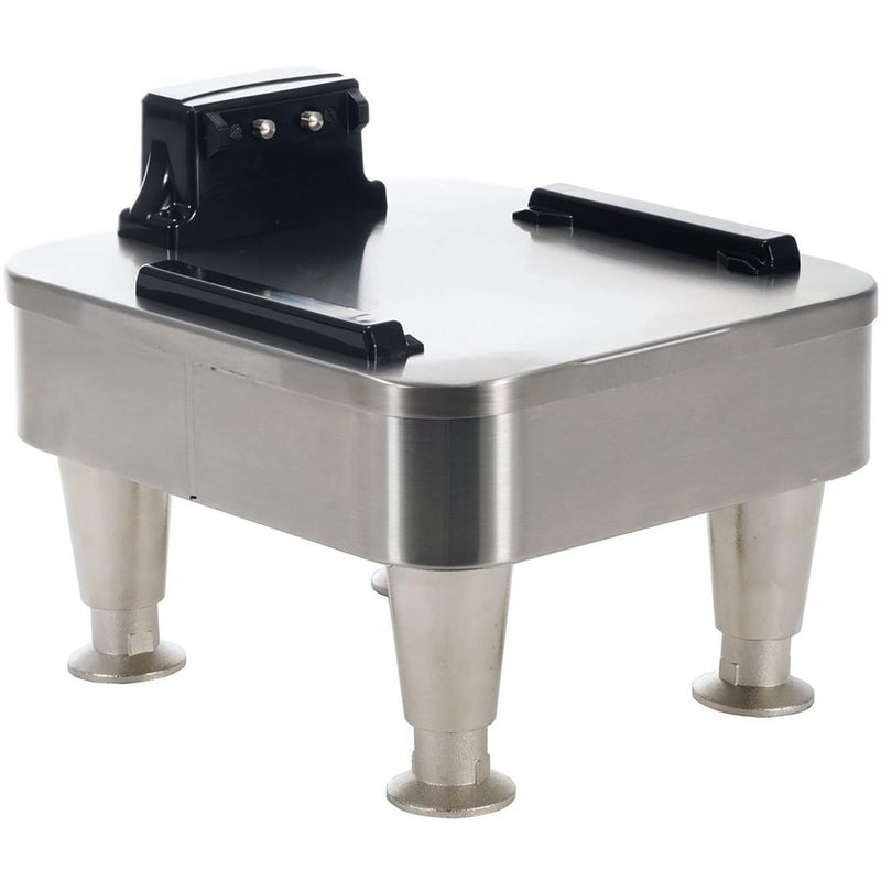 Bunn INFUSION SERIES single soft heat docking stand in stainless steel with adjustable legs, angled view