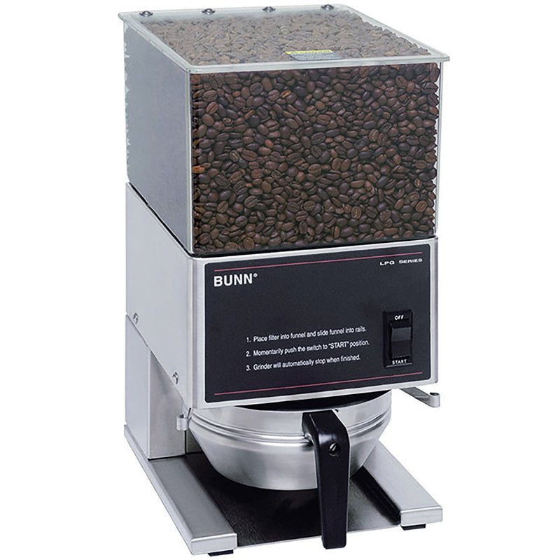 Bunn LPG low profile funnel coffee grinder with clear bean hopper and brew funnel in place, angled front view