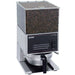 Bunn LPG low profile funnel coffee grinder with clear bean hopper and brew funnel in place, angled front view