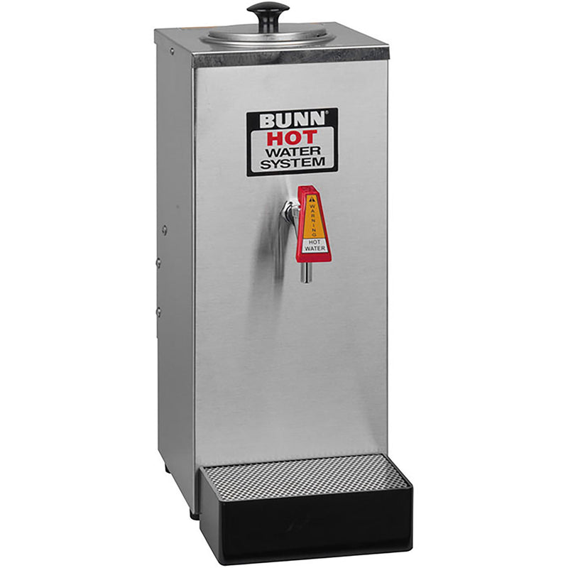 Bunn OHW stainless steel pour over hot water dispenser with top lid, faucet and drip tray, angled front view