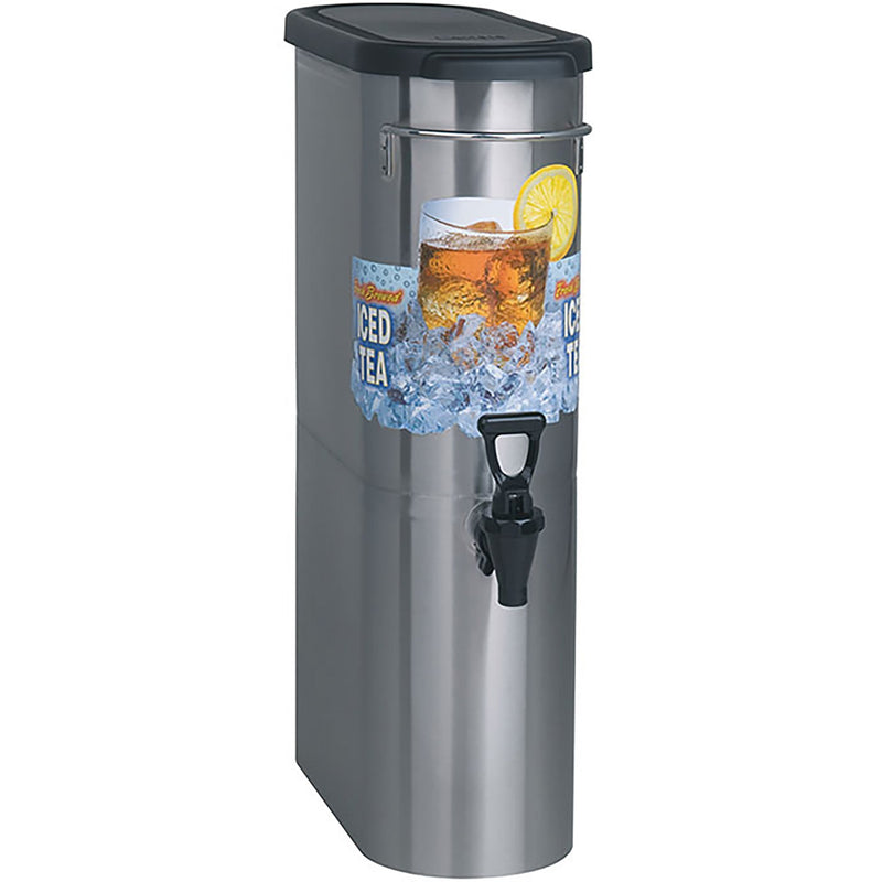 Bunn TDO-N-3.5 slim stainless steel insulated iced tea and coffee dispenser with black lid and faucet, angled view