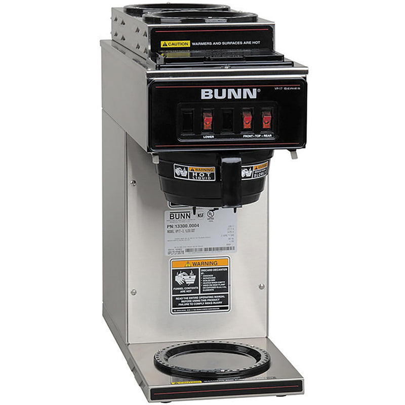 Bunn VP17-3T stainless steel pour over decanter coffee brewer with three warmers and stainless funnel, angled view