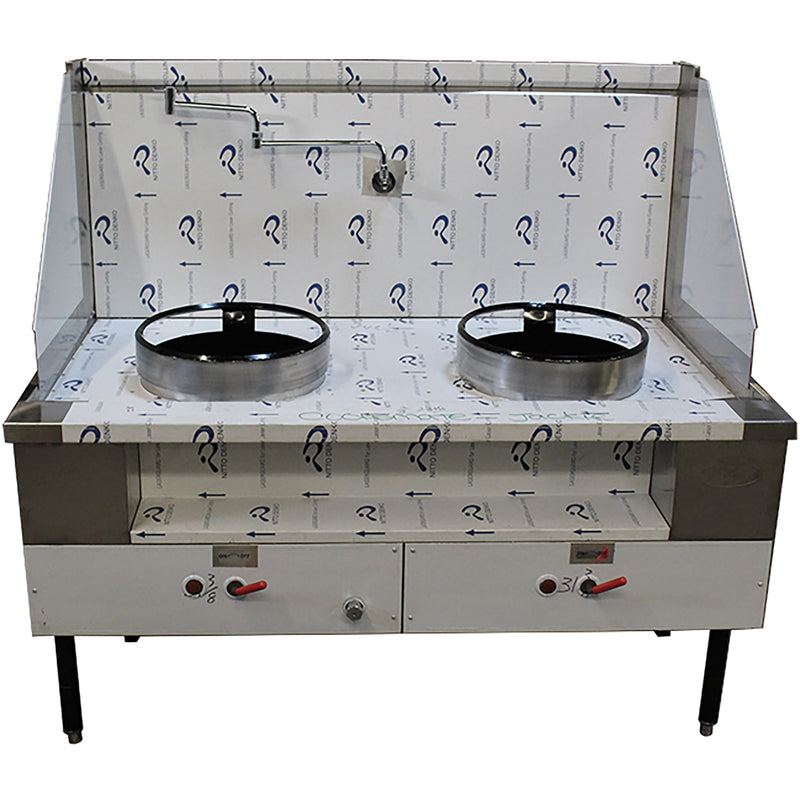 Cambo CAM-2 natural gas or propane double burner wok range in stainless steel with high backsplash and faucets