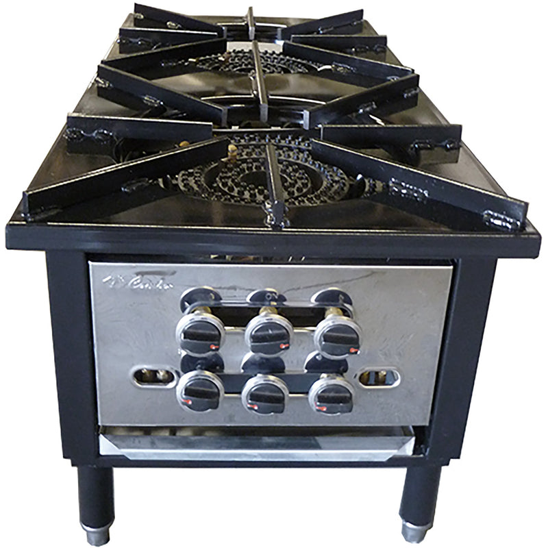 Cambo SP Series natural gas or propane double stock pot range with two black grates and stainless steel front