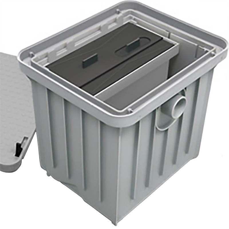 Canplas Endura 3911A02 solids interceptor in grey polyethylene with lid removed showing the removable inner basket