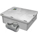 Canplas Endura grey low-profile polyethylene grease trap with textured cover and inlet flow control fitting, angled view