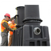 Canplas Endura riser for XL grease traps shown being installed on a black grease trap by two workers in safety gear