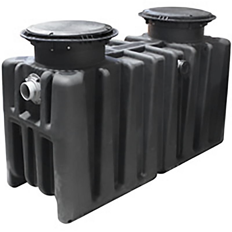 Canplas Endura XL 100 GPM grease trap in black polyethylene with two round access lids and ribbed body, angled view