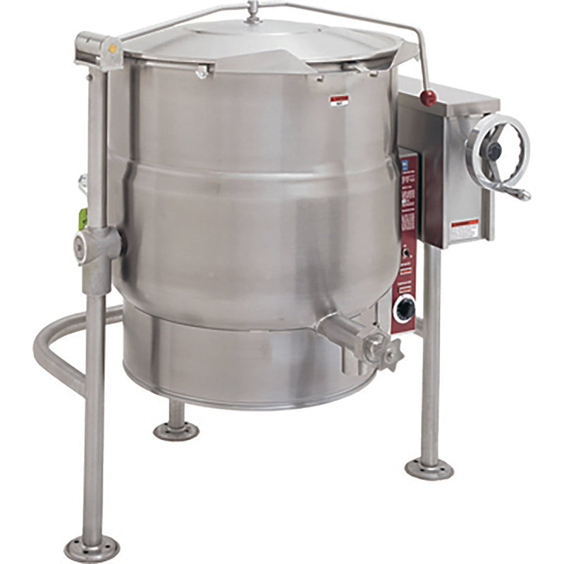 Crown ELT-20 electric tilting steam kettle, 20 gallon, stainless steel with lid, hand wheel tilt and bottom draw-off valve