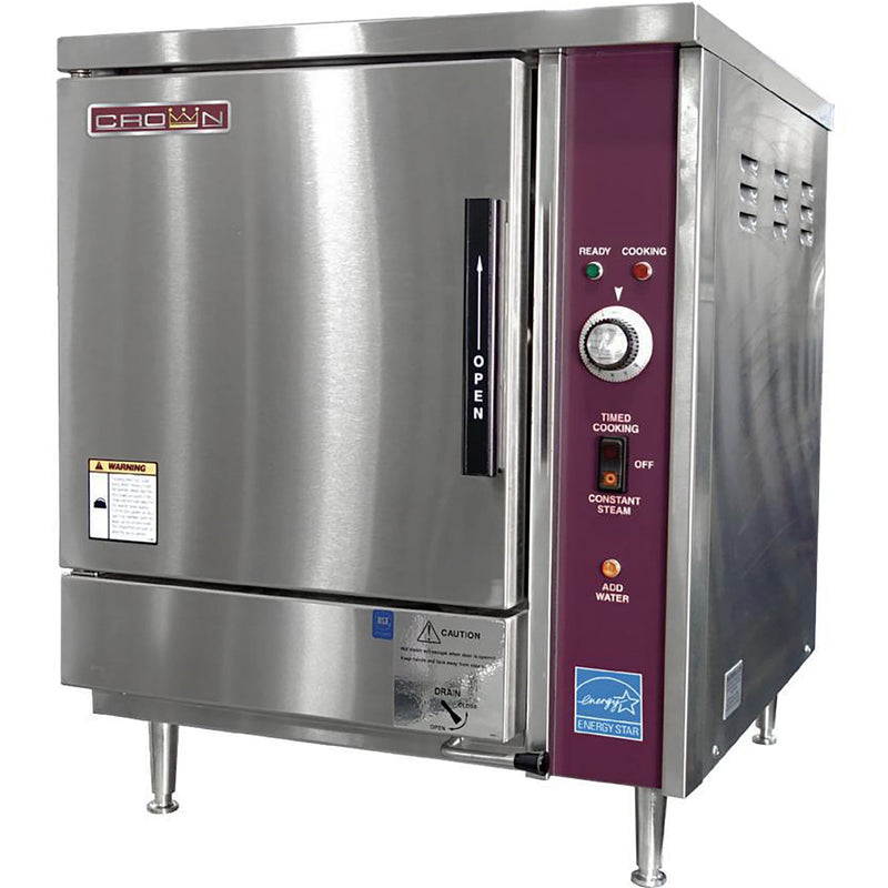 Crown EPX-5 electric countertop steaming cabinet, 5 pan capacity, stainless steel door and maroon control panel, angled
