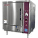 Crown EPX-5 electric countertop steaming cabinet, 5 pan capacity, stainless steel door and maroon control panel, angled