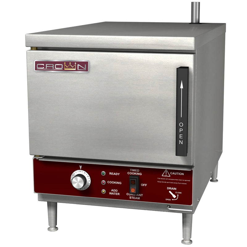 Crown EPXN-3 electric countertop steaming cabinet, 3 pan capacity, stainless steel with maroon lower control panel