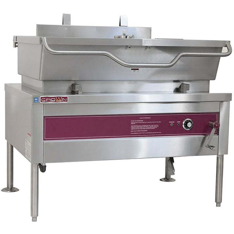 Crown ES-30 electric manual tilting skillet, 30 gallon, stainless steel with lid raised and maroon front control panel