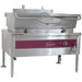 Crown ES-30 electric manual tilting skillet, 30 gallon, stainless steel with lid raised and maroon front control panel