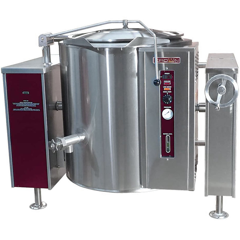 Crown GLT-100 100 gallon natural gas/propane tilting steam kettle, stainless steel with tilt handwheel, front view