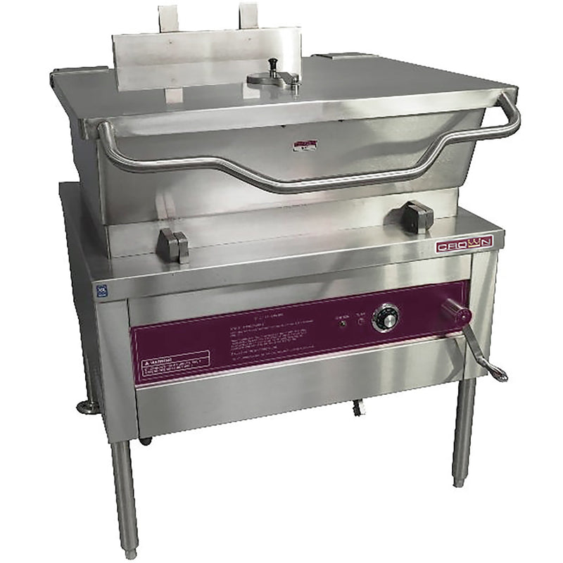 Crown GS-30 natural gas or propane manual tilting skillet, 30 gallon, stainless steel with lid raised and side hand crank
