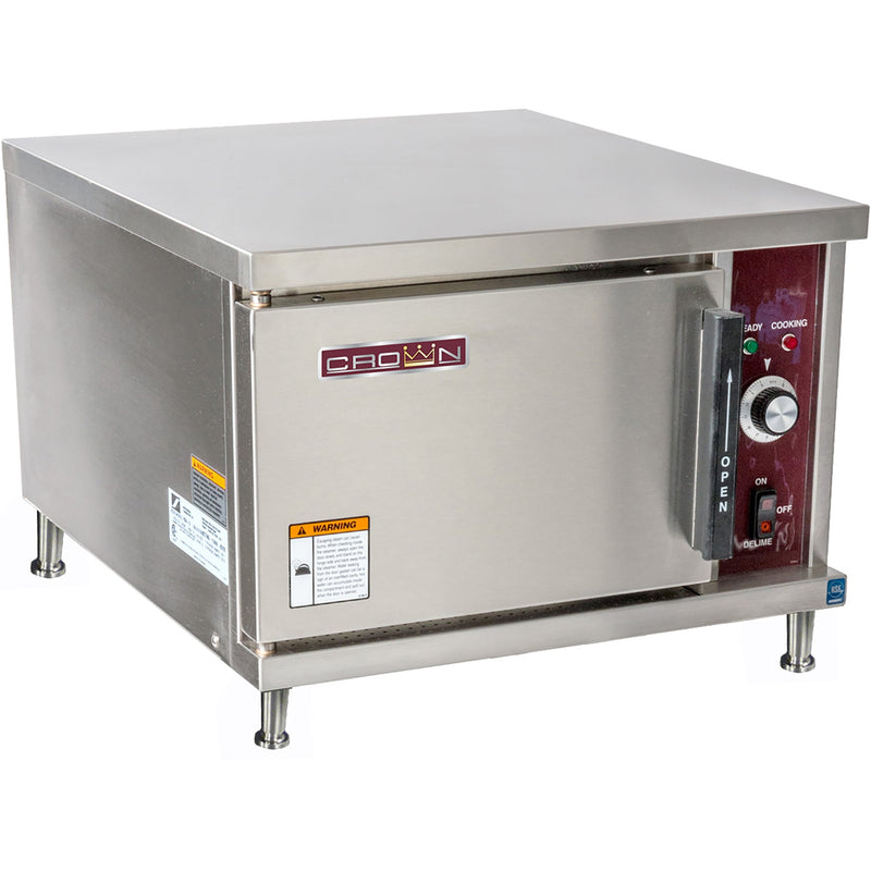 Crown SX-3 electric countertop steaming cabinet, 3 pan capacity, stainless steel with door and control panel, angled