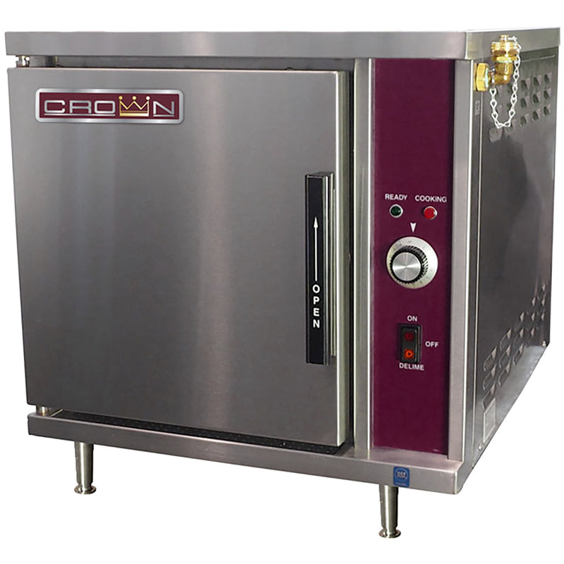 Crown SX-5 electric countertop steaming cabinet, 5 pan capacity, stainless steel with maroon side control panel, angled