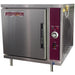 Crown SX-5 electric countertop steaming cabinet, 5 pan capacity, stainless steel with maroon side control panel, angled