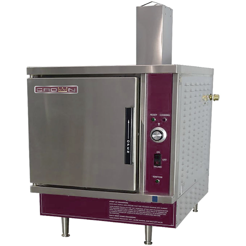 Crown SX-5G3 natural gas or propane countertop steaming cabinet, 5 pan capacity, stainless steel with rear flue, angled