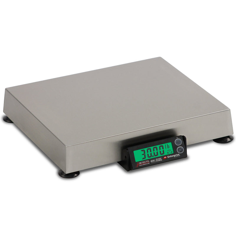 Detecto APS Series retail POS scale, stainless steel platform with attached green backlit LCD display, angled view
