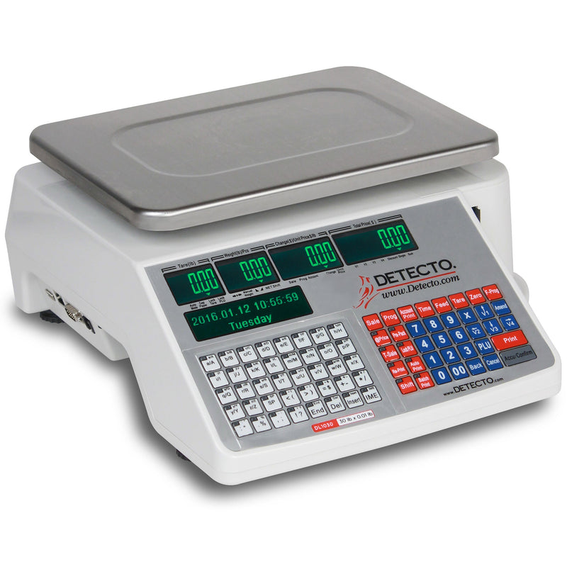 Detecto DL Series price computing scale with built-in printer, white body, stainless tray and keypad, angled view