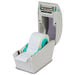 Detecto P225 thermal label printer with the lid open showing a white label roll loaded on the green spool holders