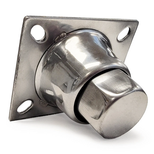 Duracold adjustable foot for glass door refrigerators, polished stainless steel leveling foot with mounting plate, side view