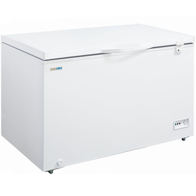 Duracold CF-60 61-inch white storage chest freezer with solid lid closed and recessed handle, angled front view