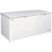 Duracold CF-76 76-inch white storage chest freezer with solid hinged lids closed, angled front view