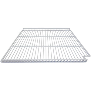 Duracold extra white epoxy-coated wire shelf for double glass door refrigerators with notched corners, angled view