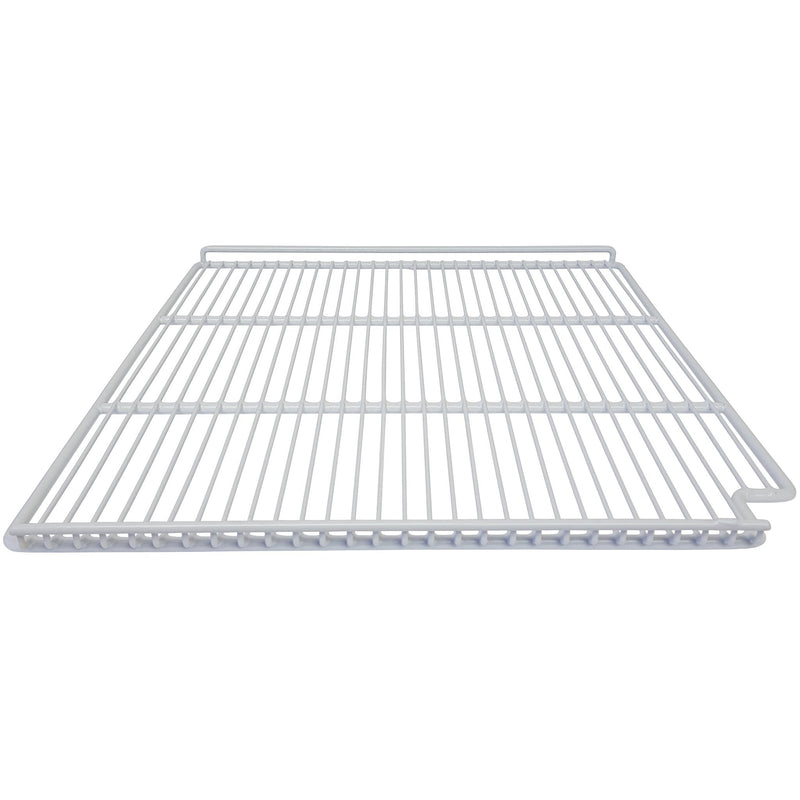 Duracold extra white epoxy-coated wire shelf for double glass door refrigerators with notched corners, angled view