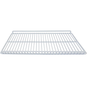 Duracold extra white epoxy-coated wire shelf for single glass door refrigerators, angled view of the full shelf