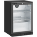 Duracold LG-138H 24-inch black back bar cooler with a single hinged glass door and wire shelves, angled front view