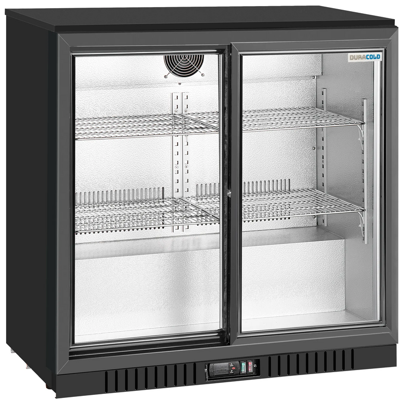 Duracold LG-208S 36-inch black back bar cooler with two sliding glass doors and wire shelves, angled front view