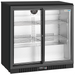 Duracold LG-208S 36-inch black back bar cooler with two sliding glass doors and wire shelves, angled front view