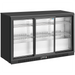 Duracold LG-330S 53-inch black back bar cooler with three sliding glass doors and wire shelves, angled front view