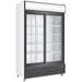 Duracold P1150WA 45-inch double sliding glass door display refrigerator in white and black with lit header, angled view