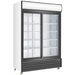 Duracold P1400WA 53-inch double sliding glass door display refrigerator in white and black with lit header, angled view